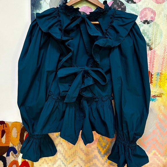 Sea NY Gaia Ruffled Tie Back Long Sleeve Backless Top Aegean Blue - Picture 6 of 15